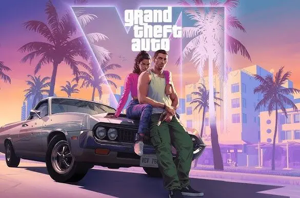 Illustration of GTA 6 characters leaning on a classic car in a neon-lit cityscape, evoking Vice City vibes and fan anticipation.